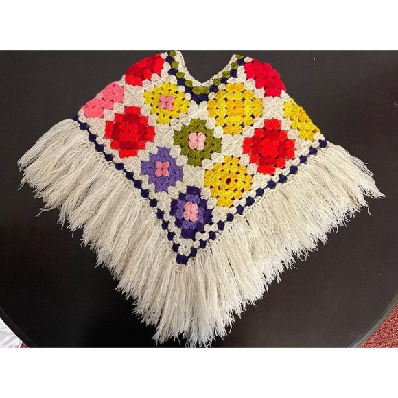 Infant Baby Toddler Crochet Hooded Shawl Handmade Multicolor Retro Boho Fringe - Picture 2 of 5